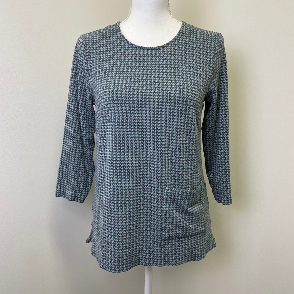 J. Jill Blue Grey Houndstooth Ponte Knit Tunic Top 3/4 Sleeve Small